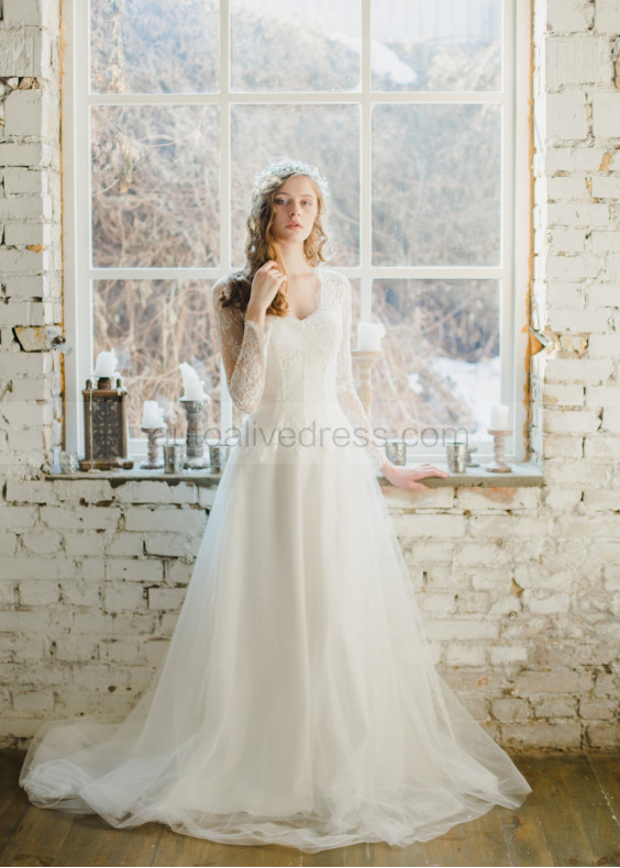 Two Piece Long Sleeve Ivory Lace Tulle Wedding Dress